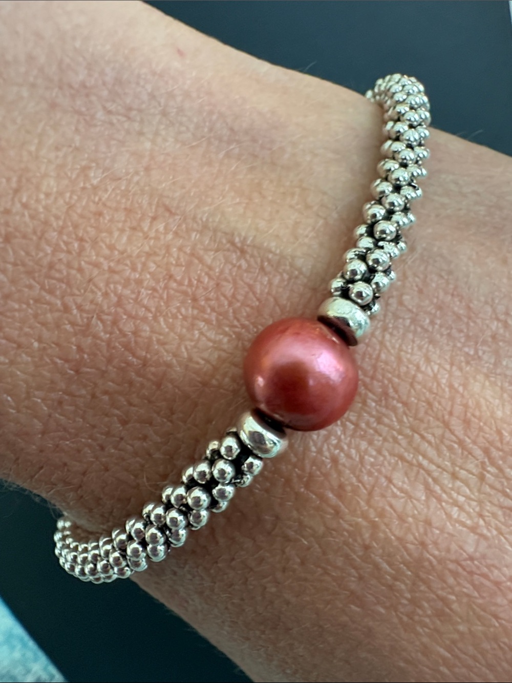 Handmade Sterling Silver Caviar Style Dyed Pearl Toggle Bracelet 7.375”